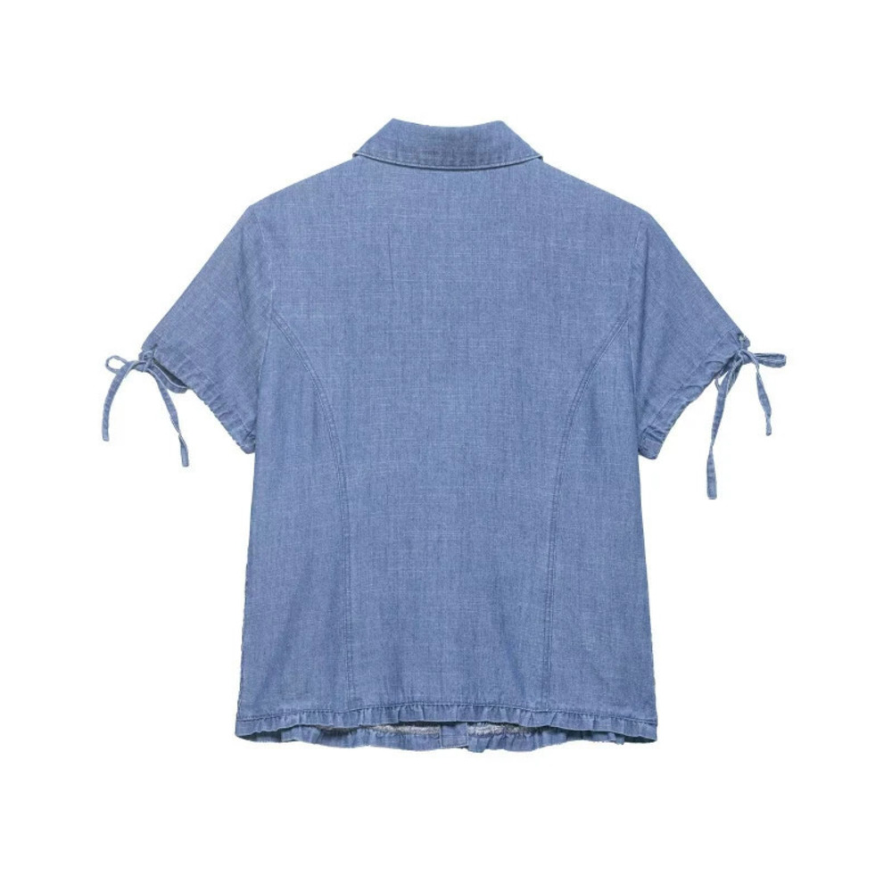 ZARA Shirred Denim Short Sleeve Shirt